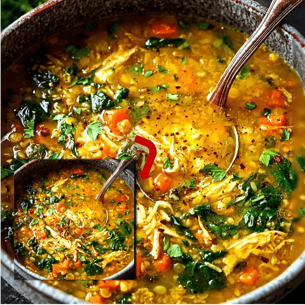 Hearty Curried Chicken Lentil Soup Recipe with Rice & Spinach