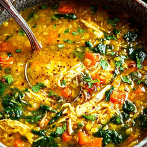 Hearty Curried Chicken Lentil Soup Recipe with Rice & Spinach
