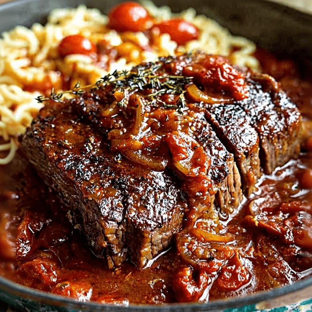 Tender Braised Beef Roast with Tomato Onion Gravy