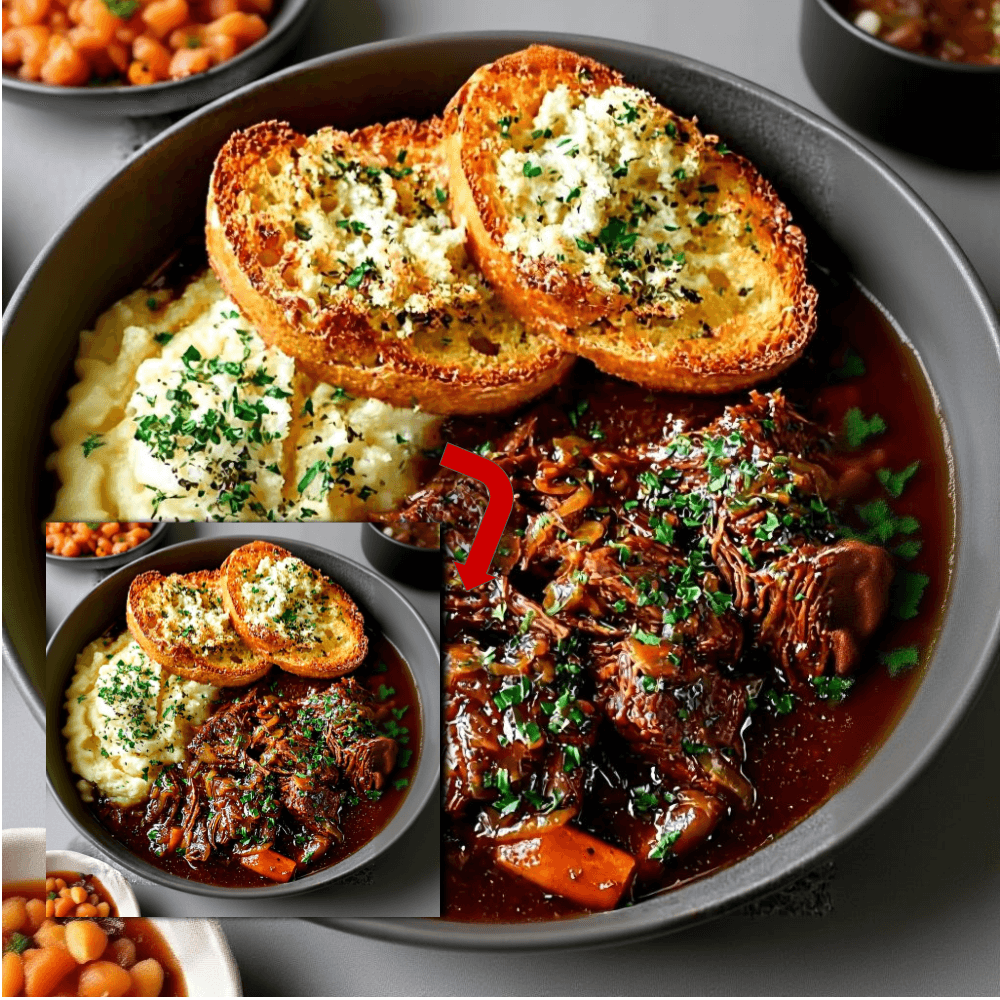 French Onion Braised Beef with Gruyère Toast Recipe