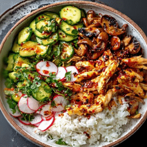 Sweet Chili Chicken Bowls with Mushrooms & Cucumber Crunch