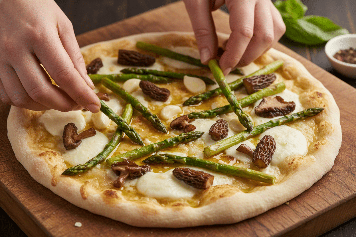 Asparagus and Morel Pizza with Garlic Confit preparation step 1