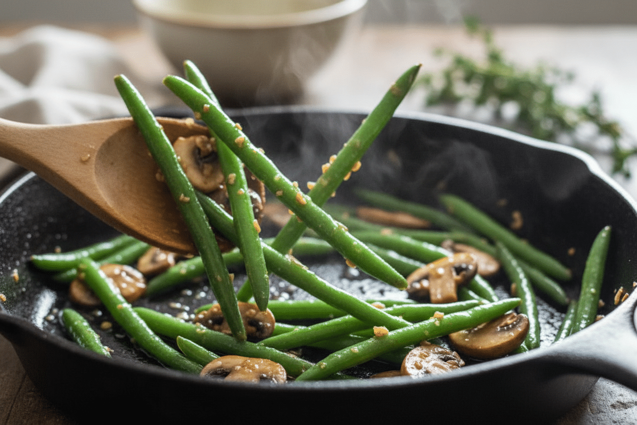 Garlic Butter Sautéed Green Beans and Mushrooms preparation step 2
