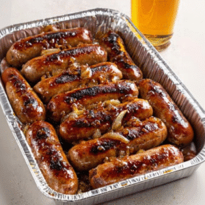 Baked Beef Sausages with Sticky Caramelized Onion Glaze