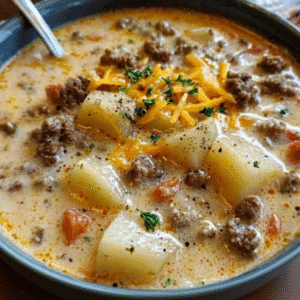 Crockpot Creamy Potato Hamburger Soup - Cheesy & Hearty