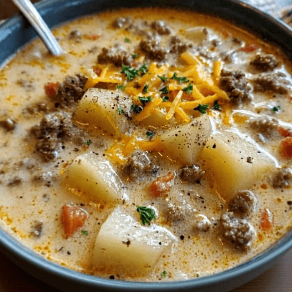 Crockpot Creamy Potato Hamburger Soup - Cheesy & Hearty