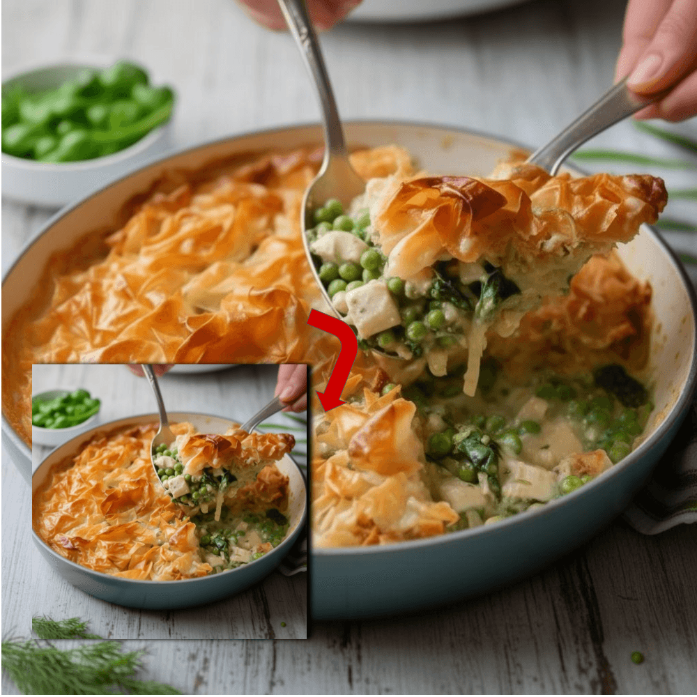 Spring Chicken Pot Pie with Flaky Phyllo Crust