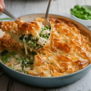 Spring Chicken Pot Pie with Flaky Phyllo Crust