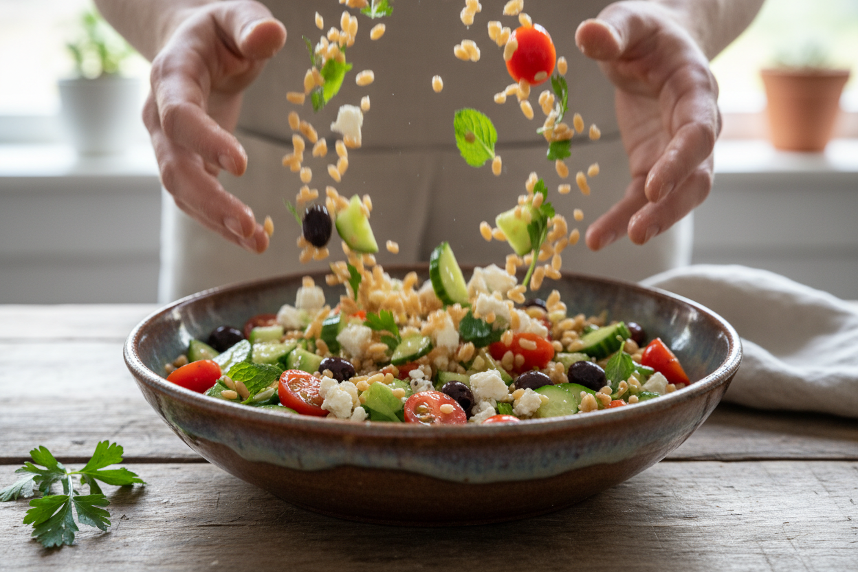 High Protein Farro Salad with Feta preparation step 1