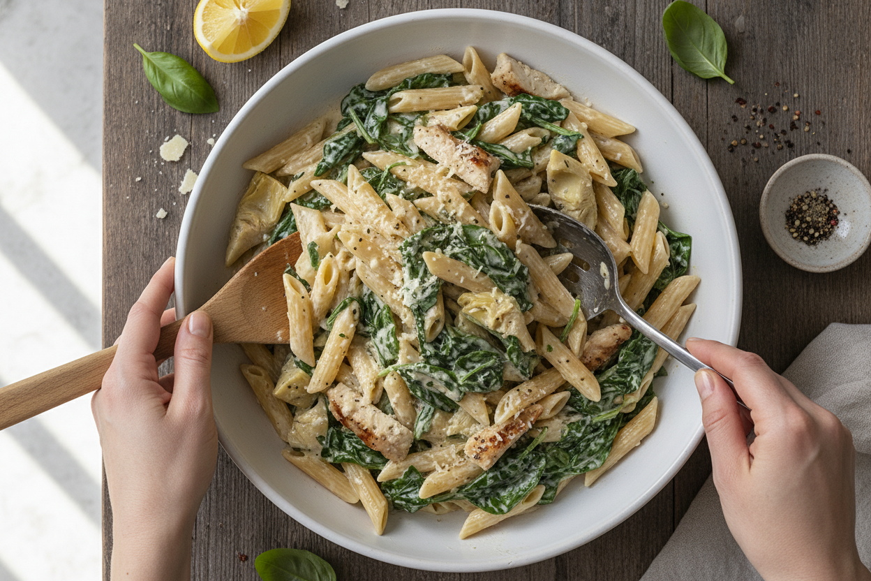 How To Make The Best Spinach Artichoke Chicken Pasta Bake preparation step 2