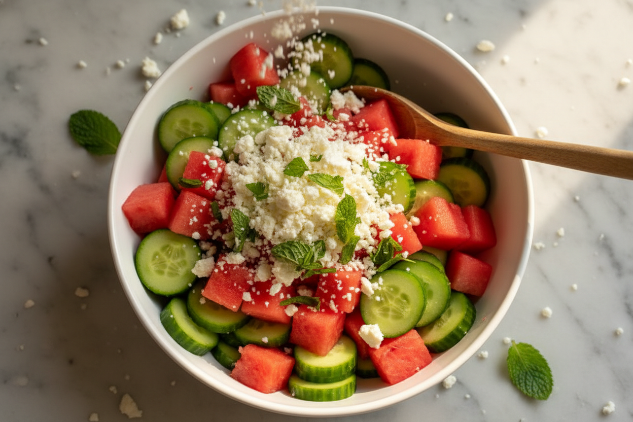 Refreshing Watermelon Cucumber Salad with Feta and Mint Dressing preparation step 1
