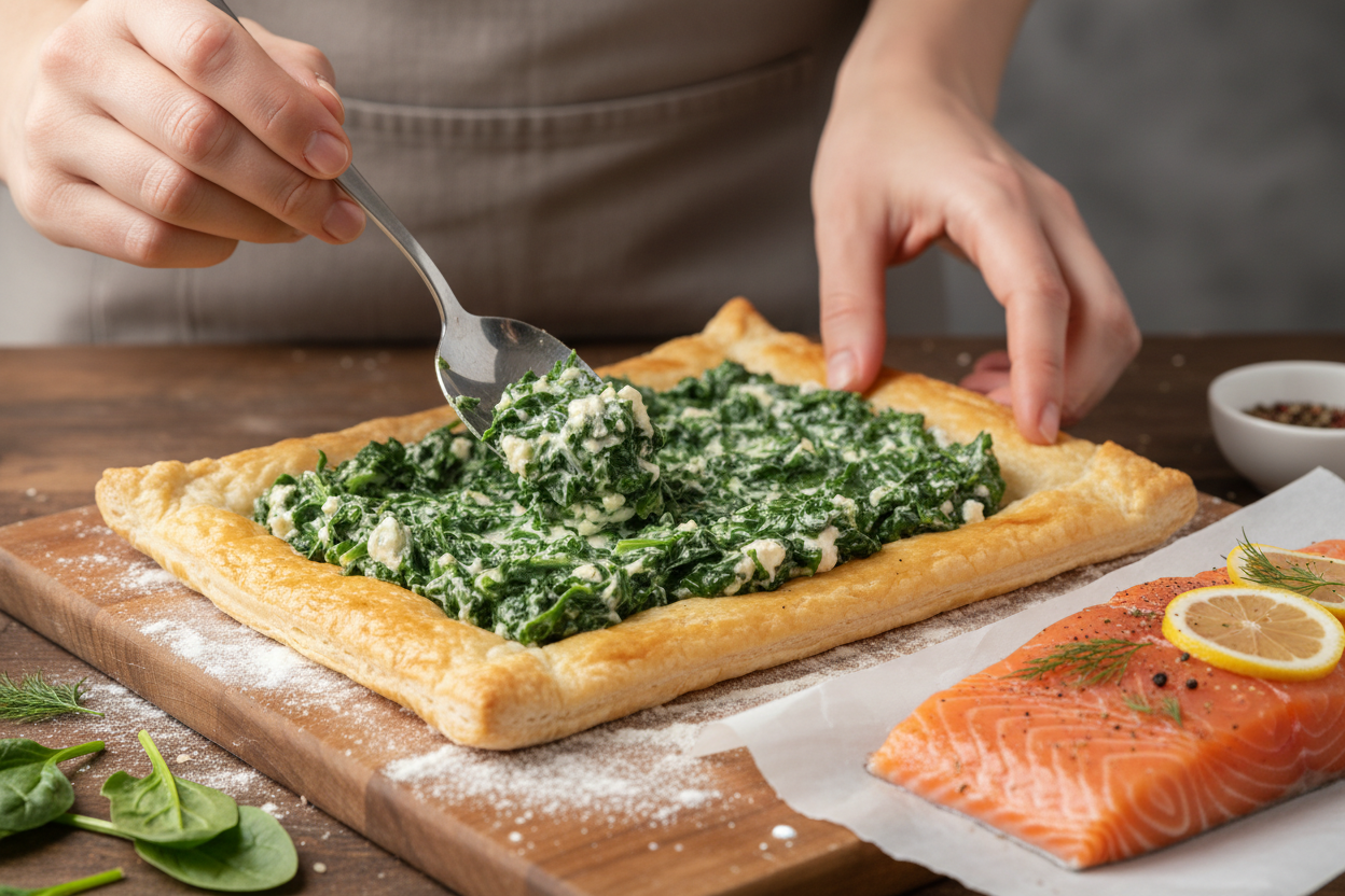 Salmon Wellington Recipe with Spinach and Cream Cheese Filling preparation step 1