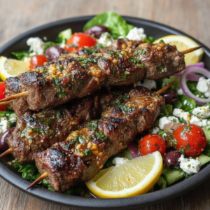 Grilled Lamb Skewers with Fresh Greek Salad Recipe