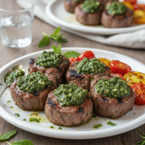 Easy Lamb Chops Mint Pesto & Roasted Tomatoes