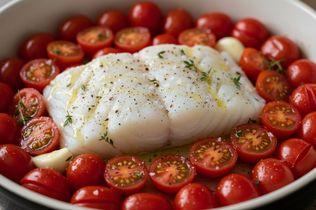 Garlic Herb Baked Cod with Juicy Blistered Tomatoes preparation step 2