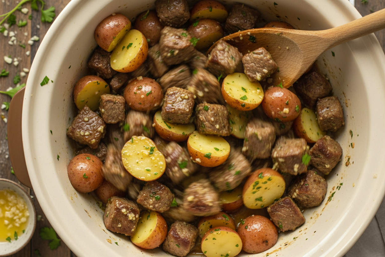 Slow Cooker Garlic Butter Beef Bites with Potatoes preparation step 1