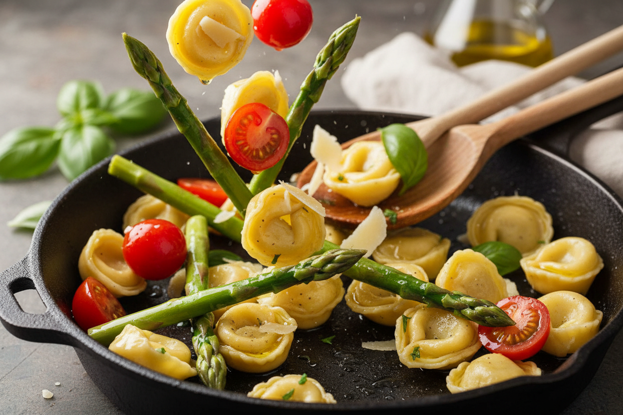 Spring and Summer Dinner: One-Pan Pesto Chicken, Tortellini, and Veggies with Asparagus and Tomatoes preparation step 2
