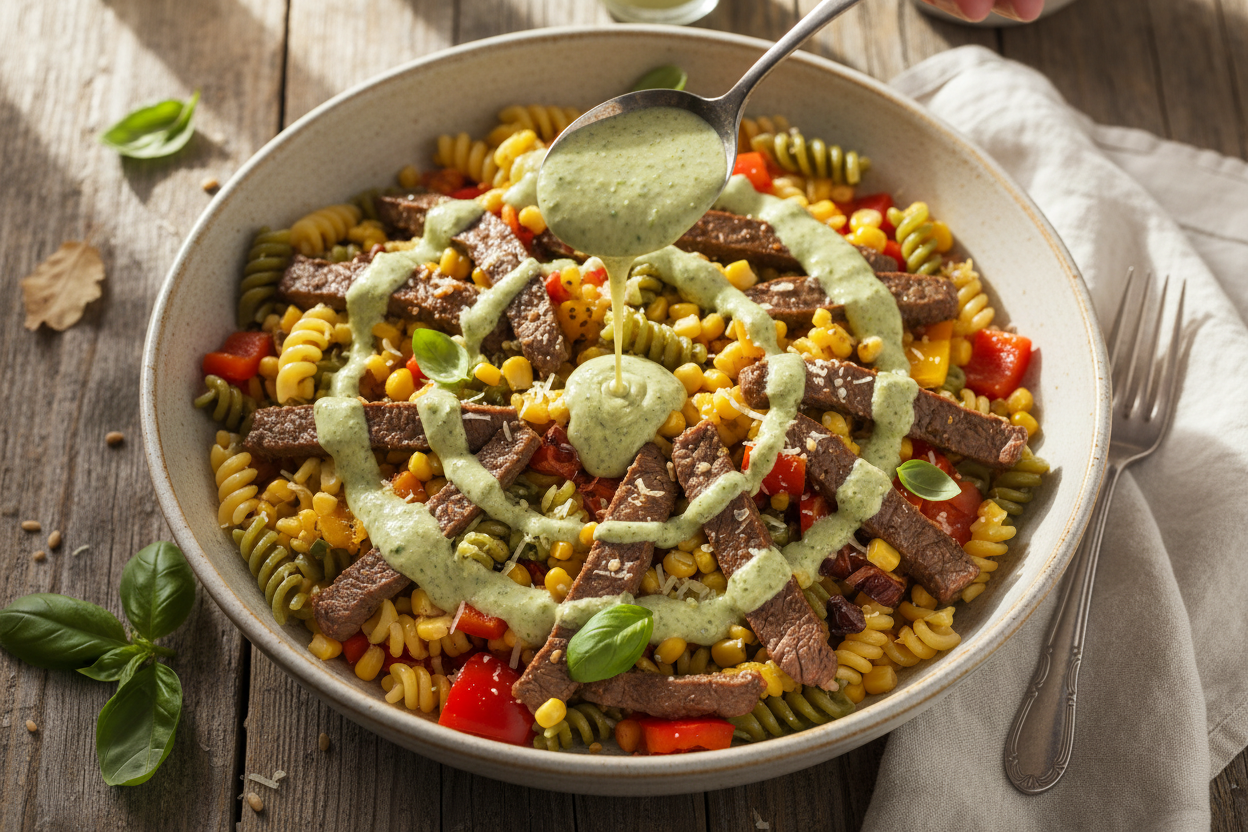 Summer Pasta Salad with Corn, Bell Pepper, Beef, and Creamy Pesto Dressing preparation step 2