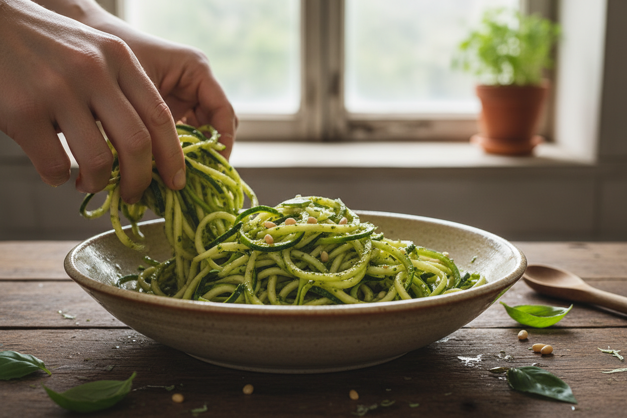 Zucchini Noodles with Pesto and Cherry Tomatoes preparation step 1