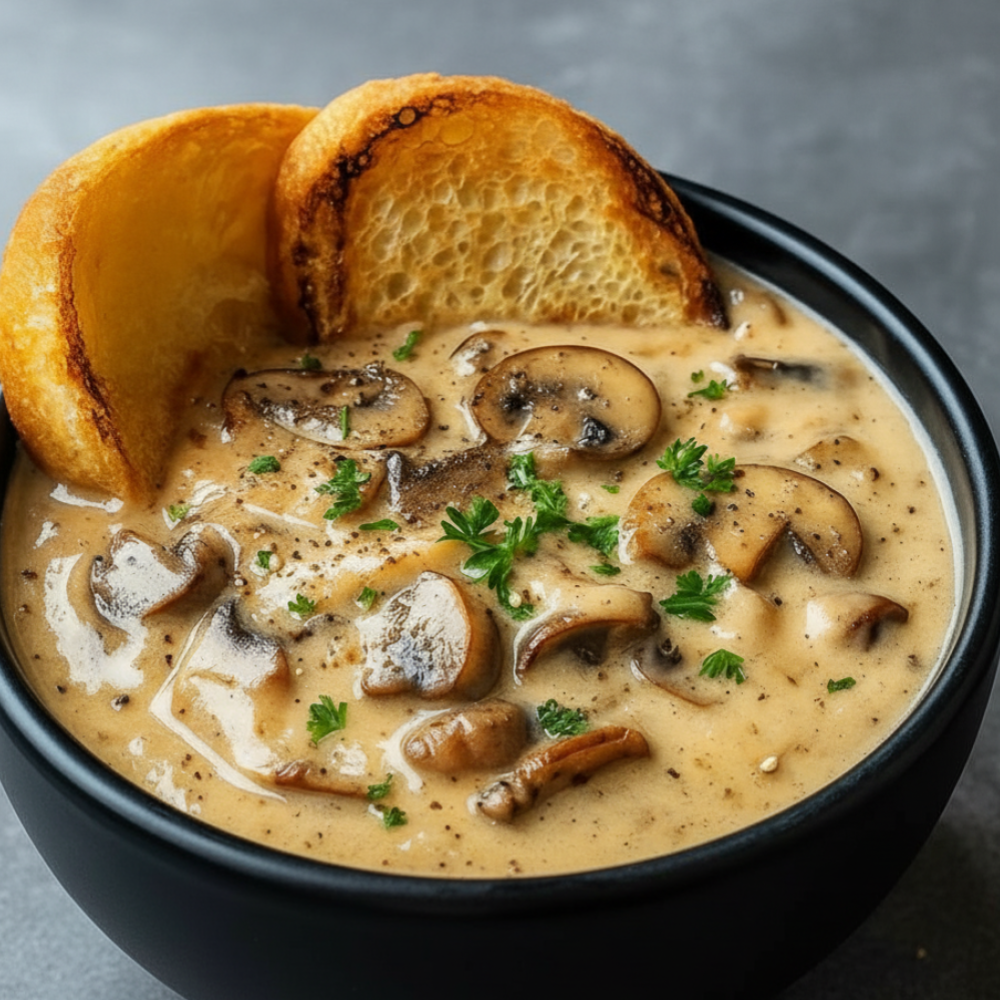 Creamy Mushroom Soup Recipe with Toasted Croutons