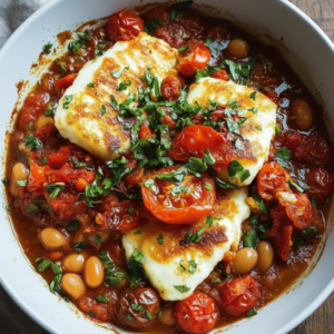 Crispy Halloumi Tomato Bean Bake: Easy Skillet Dinner