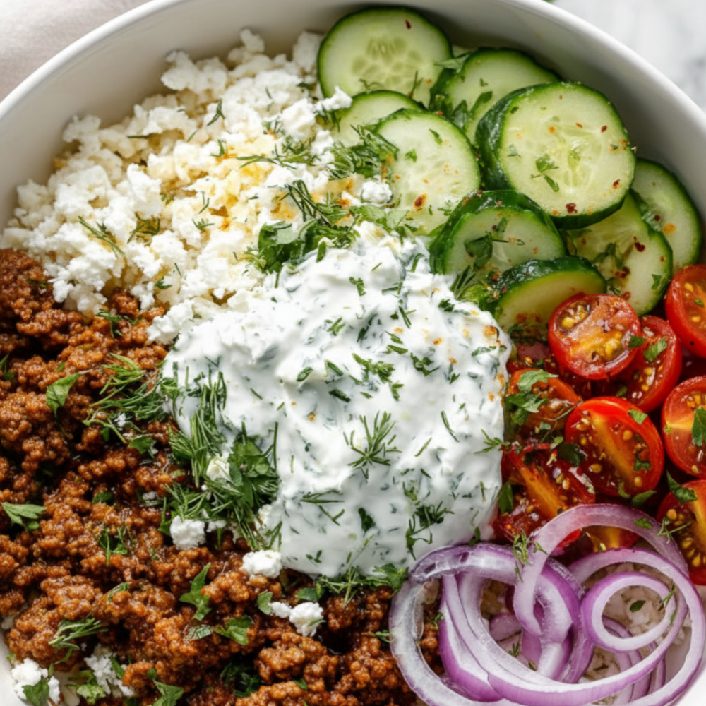30-Minute Greek Ground Beef Rice Bowl with Tzatziki