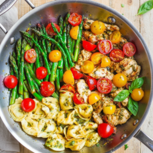 30-Minute One-Pan Pesto Chicken Tortellini with Asparagus