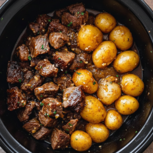 Easy Crockpot Garlic Butter Steak Bites & Potatoes