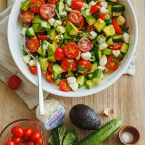 Fresh Tomato Cucumber Mozzarella Salad with Avocado