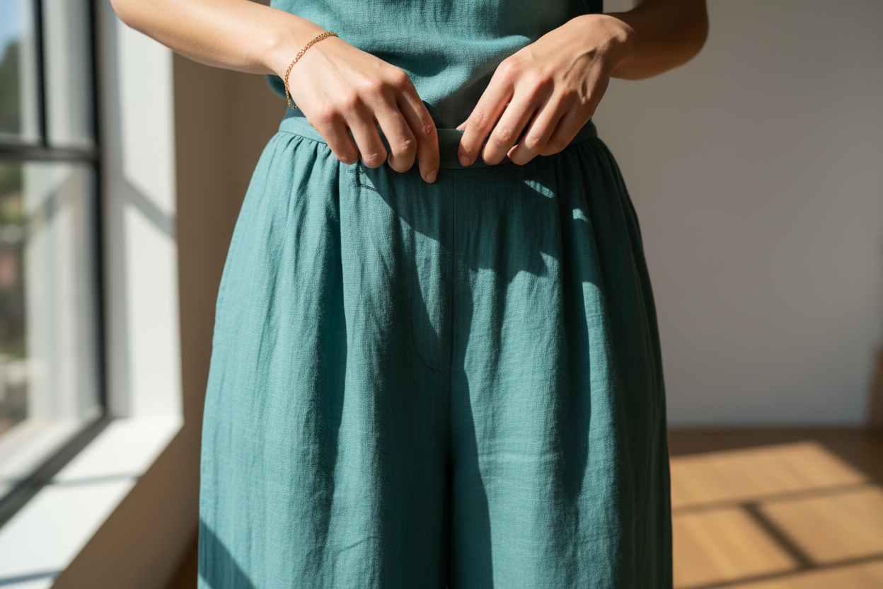 Chic Minimalist Summer Outfit | Wide-Leg Trousers & Woven Accessories preparation step 1