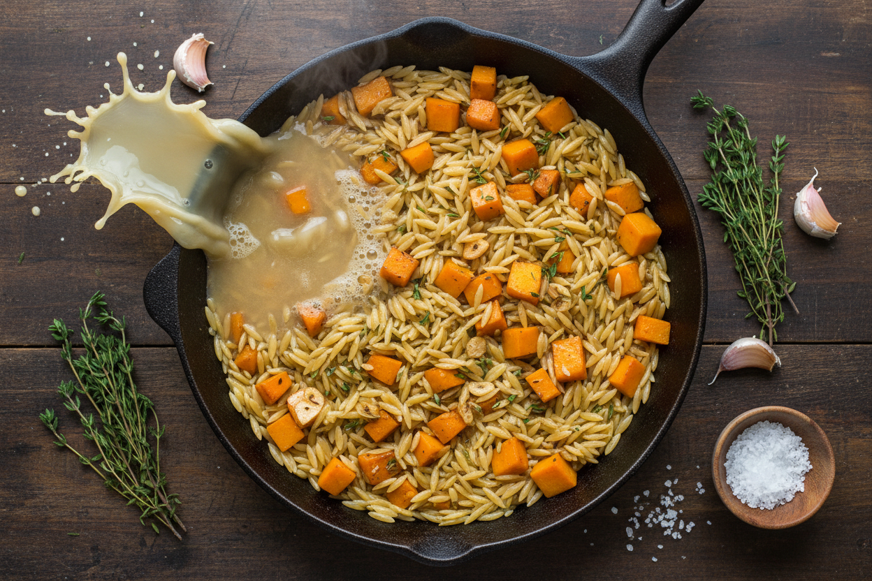 Creamy Chicken Orzo with Butternut Squash and Spinach preparation step 2