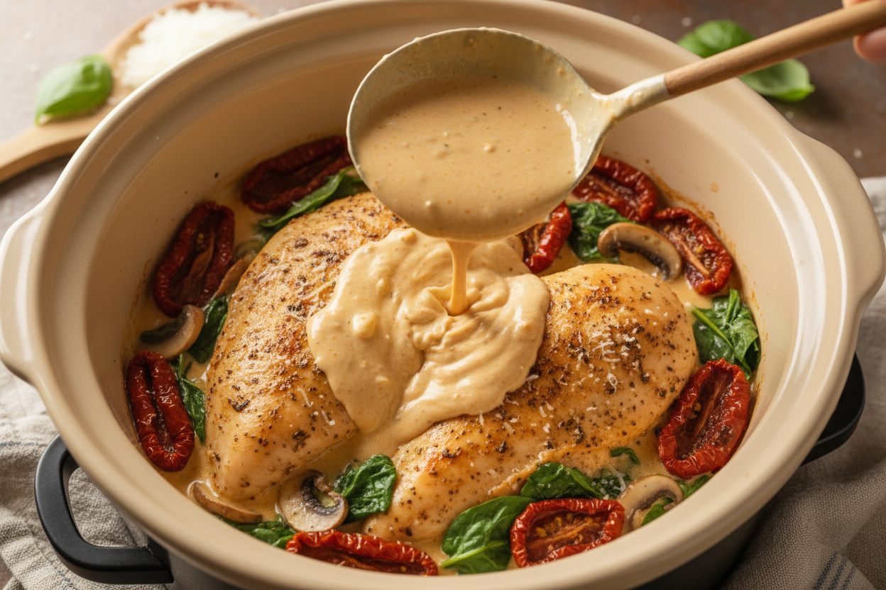 Crock Pot Creamy Tuscan Garlic Chicken preparation step 1