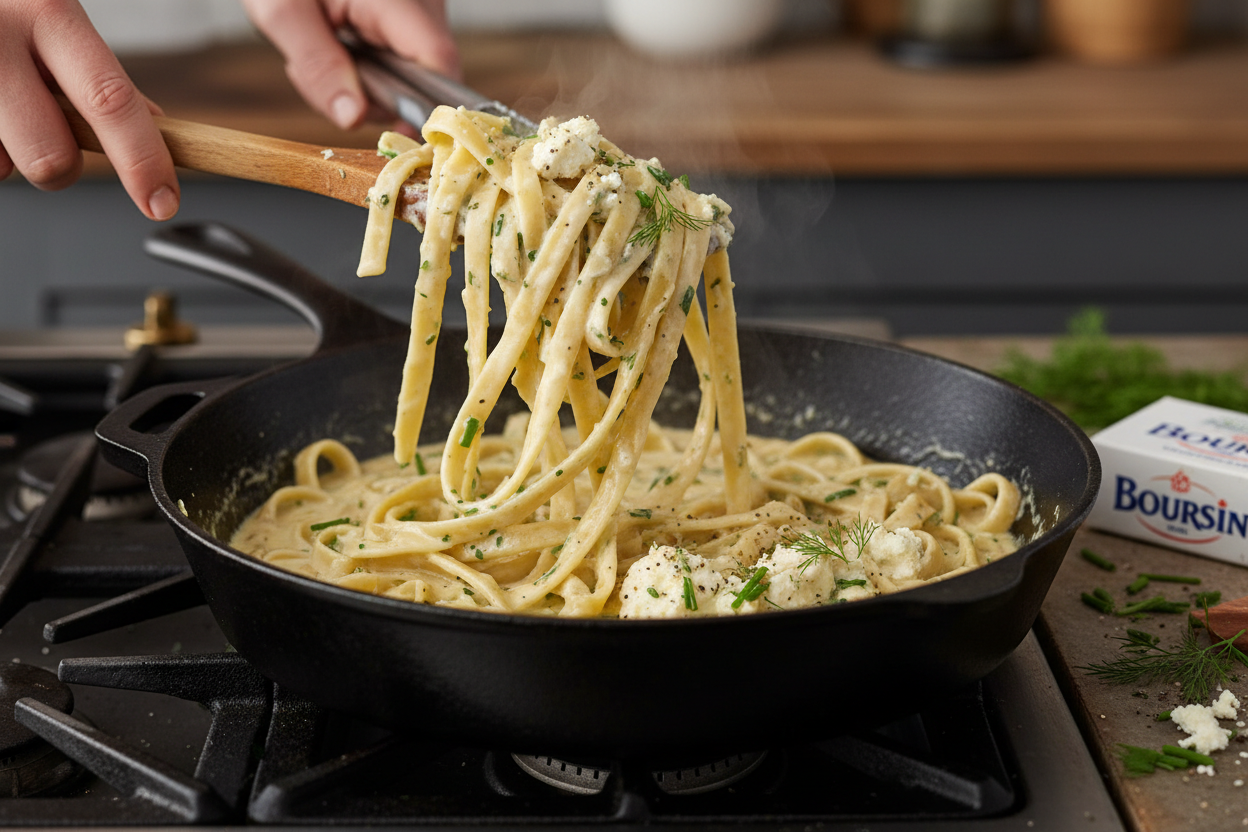 Delicious Garlic and Herb Boursin Fettuccine preparation step 2