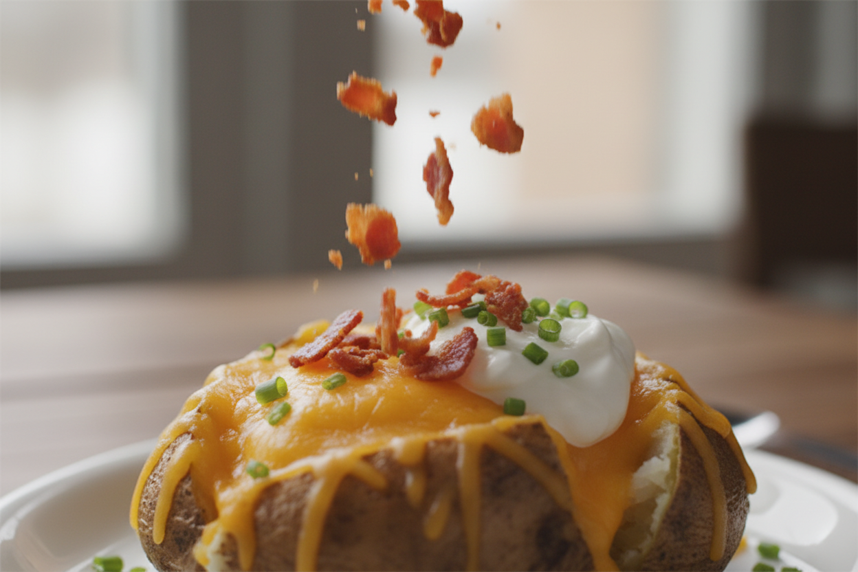 Loaded Baked Potato with Cheese, Green Onions, Sour Cream, Beef Bacon Bits preparation step 2