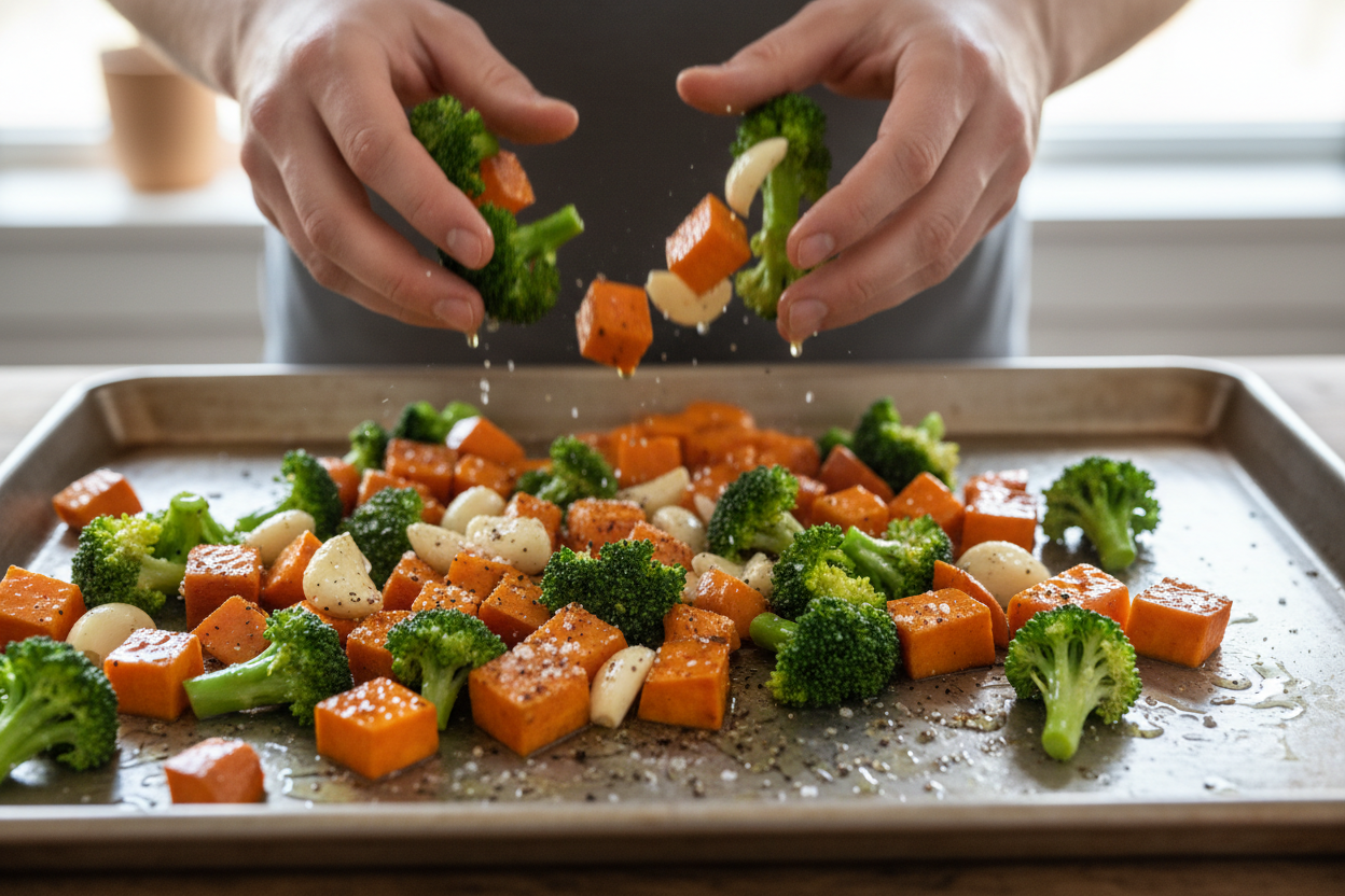 Sheet Pan Salmon with Sweetpotatoes and Broccoli preparation step 1