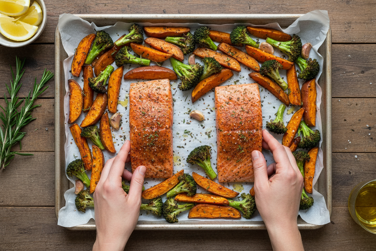 Sheet Pan Salmon with Sweetpotatoes and Broccoli preparation step 2