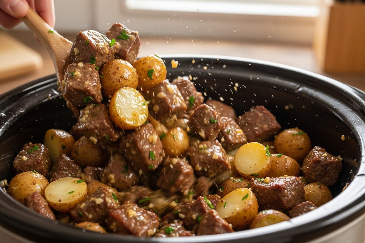Slow Cooker Garlic Butter Beef Bites with Potatoes preparation step 1