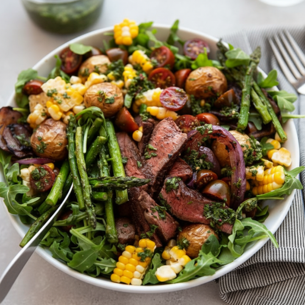 Grilled Chimichurri Steak Salad with Roasted Vegetables