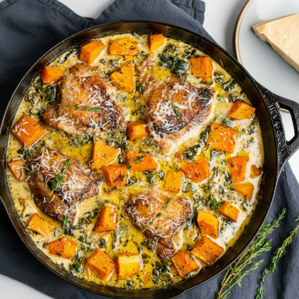 Creamy Parmesan Chicken and Butternut Squash Skillet