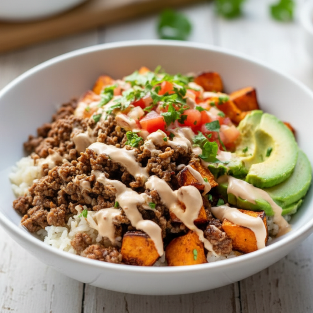 Savory Ground Beef Sweet Potato Taco Bowl (Quick & Hearty)
