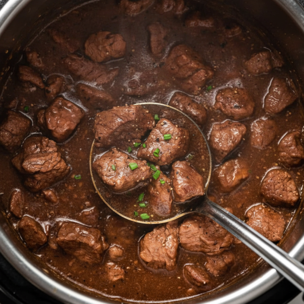 Easy Instant Pot Beef Tips with Dark Gravy and Chives