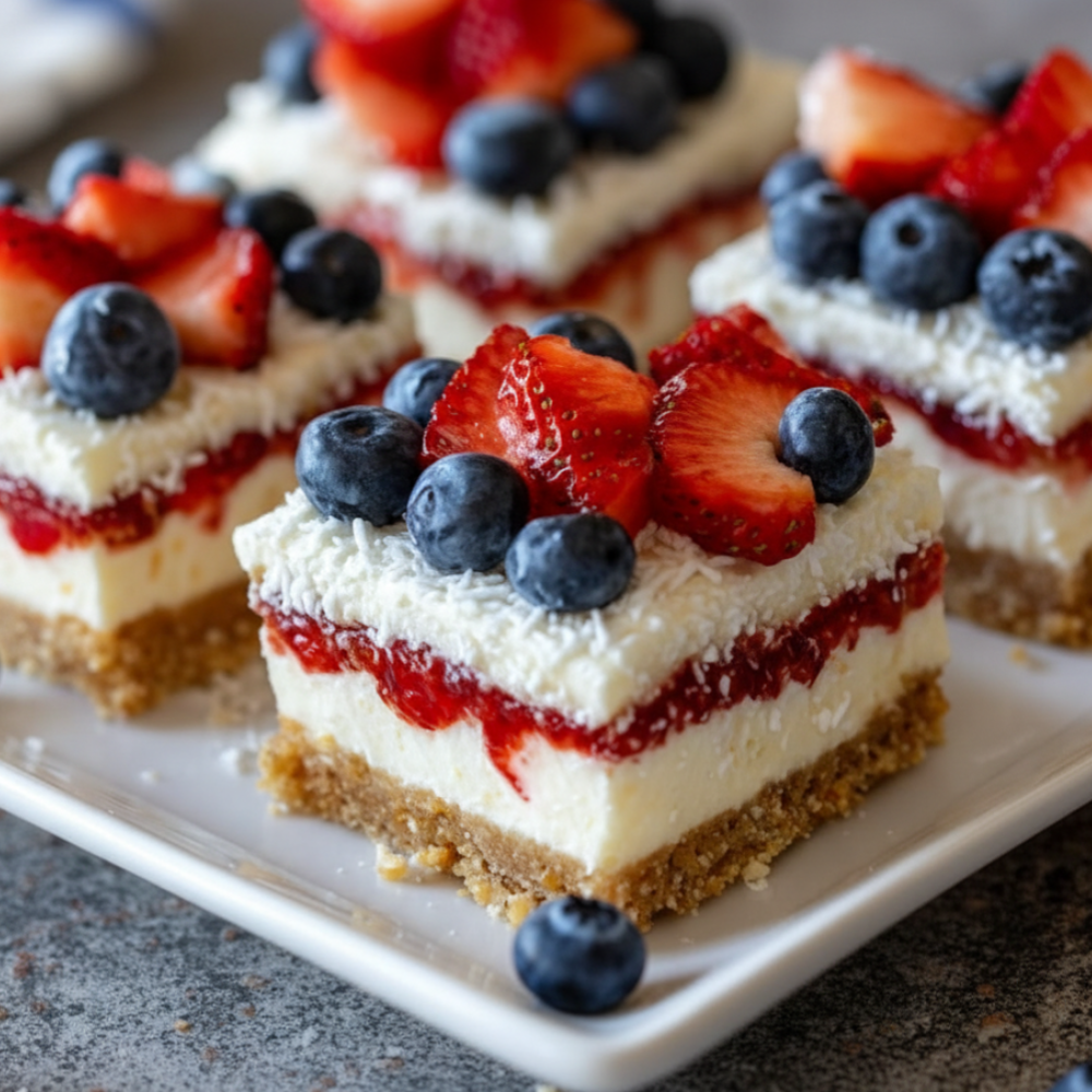 Patriotic No-Bake Flag Cheesecake Bars Recipe