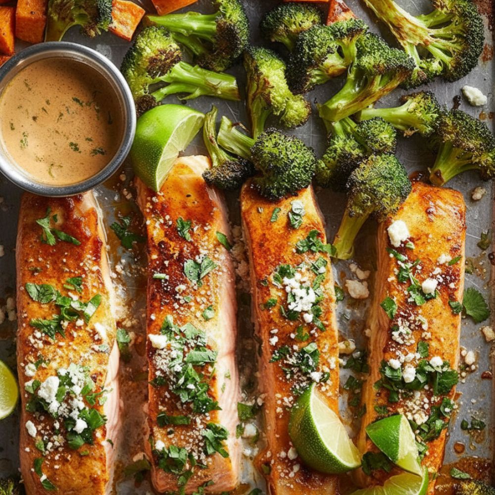 Sheet Pan Salmon with Sweetpotatoes and Broccoli