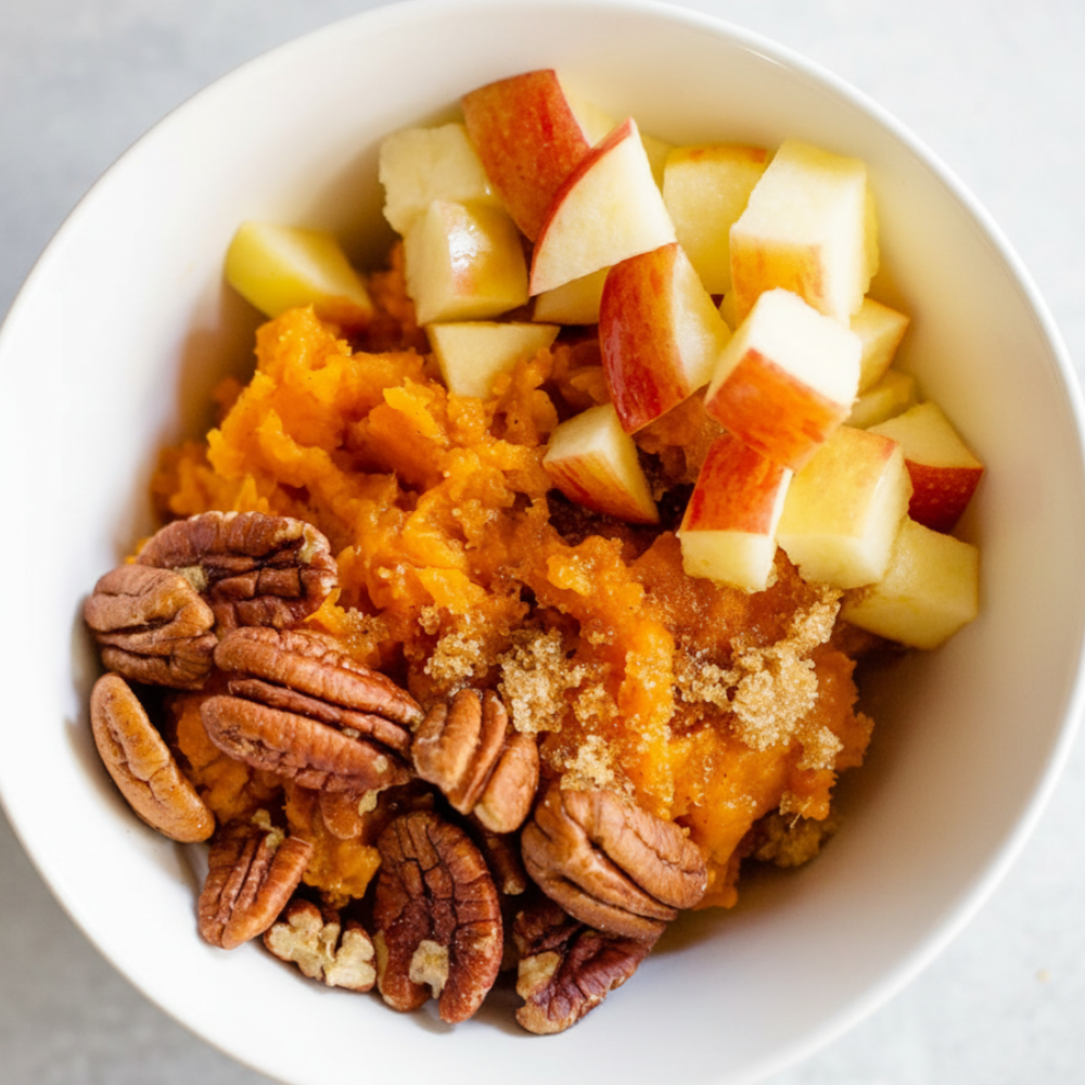Warm Sweet Potato Morning Bowl with Apples and Pecans