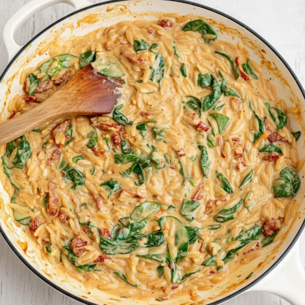 One-Pan Creamy Tuscan Chicken and Orzo Recipe