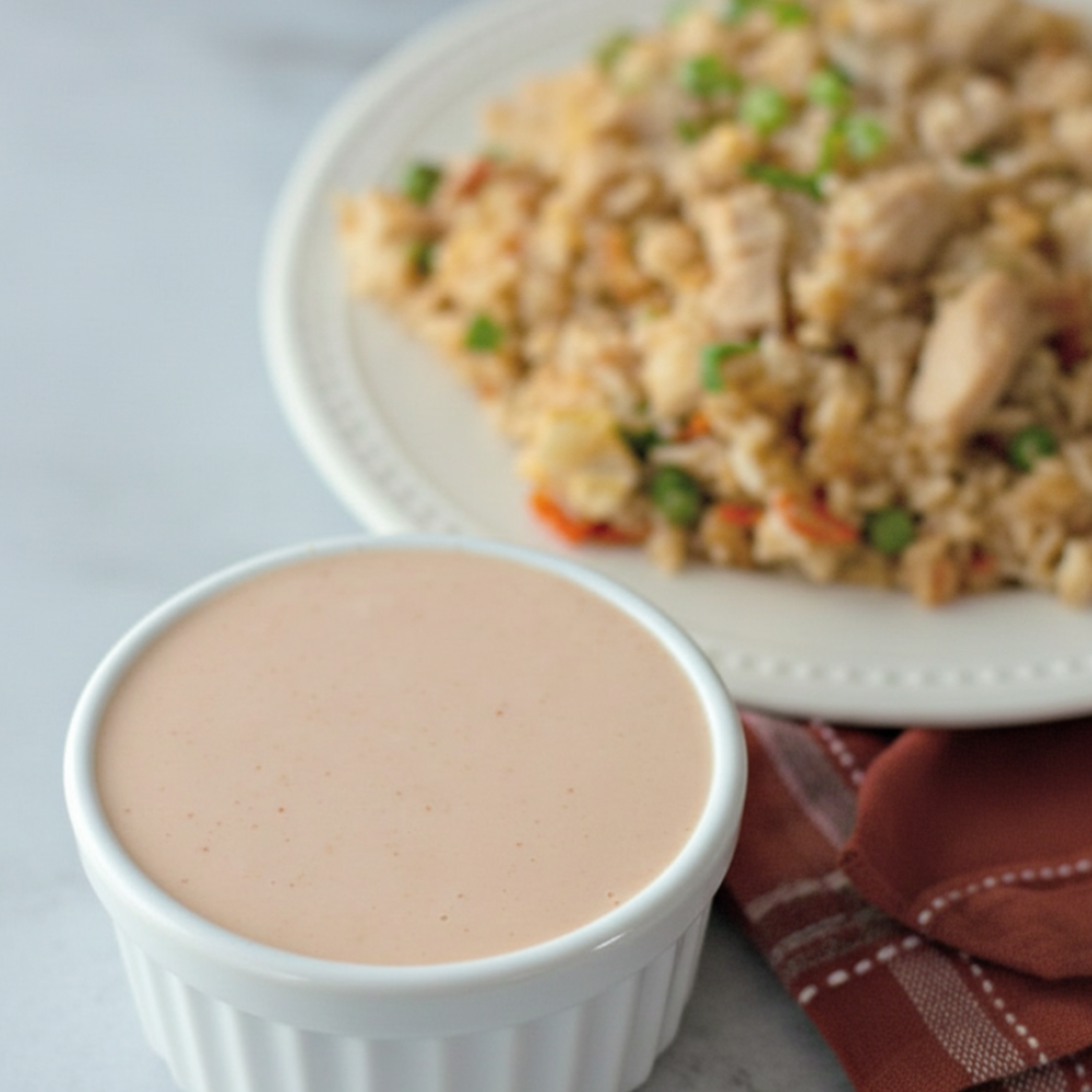 Homemade Hibachi Pale Pink Sauce & Chicken Fried Rice