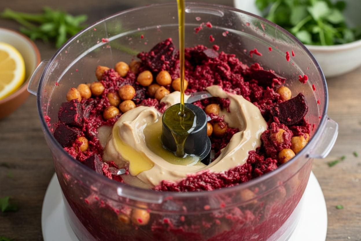 Beet Hummus with Feta and Herbs preparation step 1