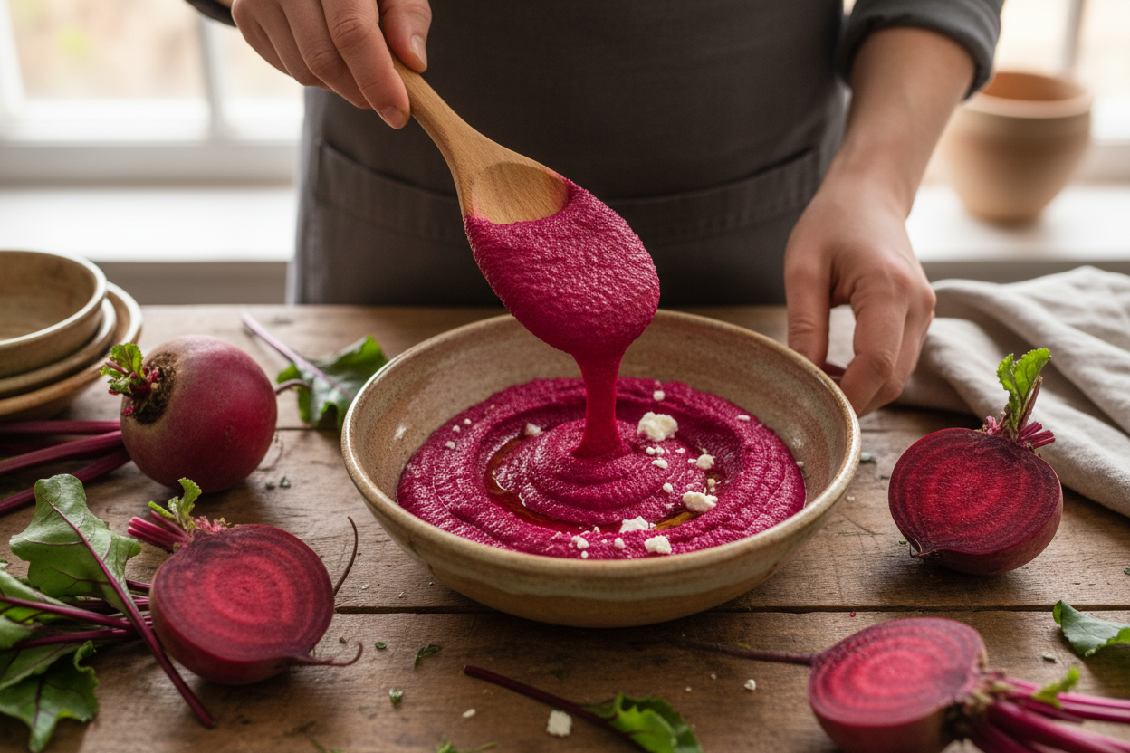 Beet Hummus with Feta and Herbs preparation step 2