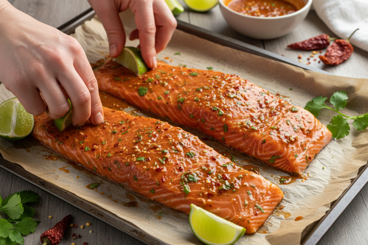 Chipotle Lime Salmon Tacos with Corn Avocado Peach Salsa & Cilantro Yogurt Sauce preparation step 1