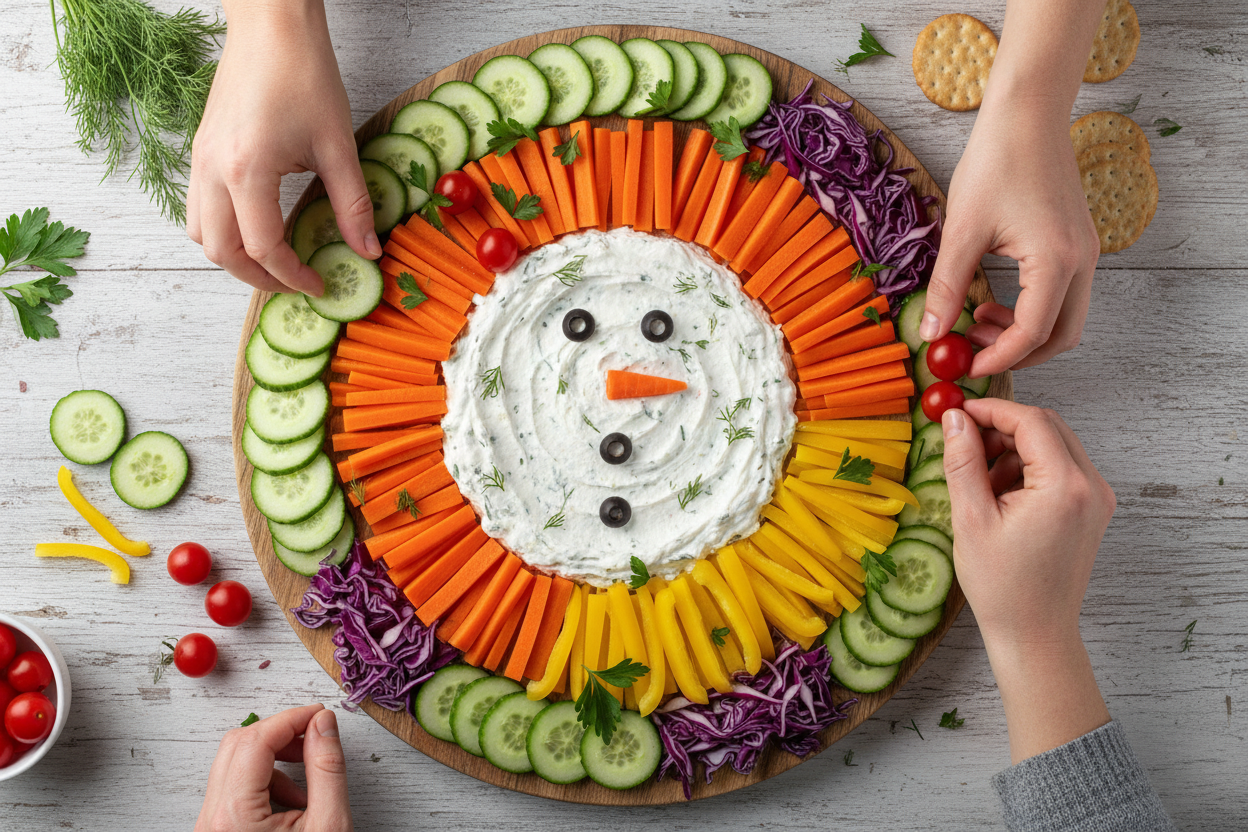 Holiday Vegetable Platter with Snowman Dips preparation step 2